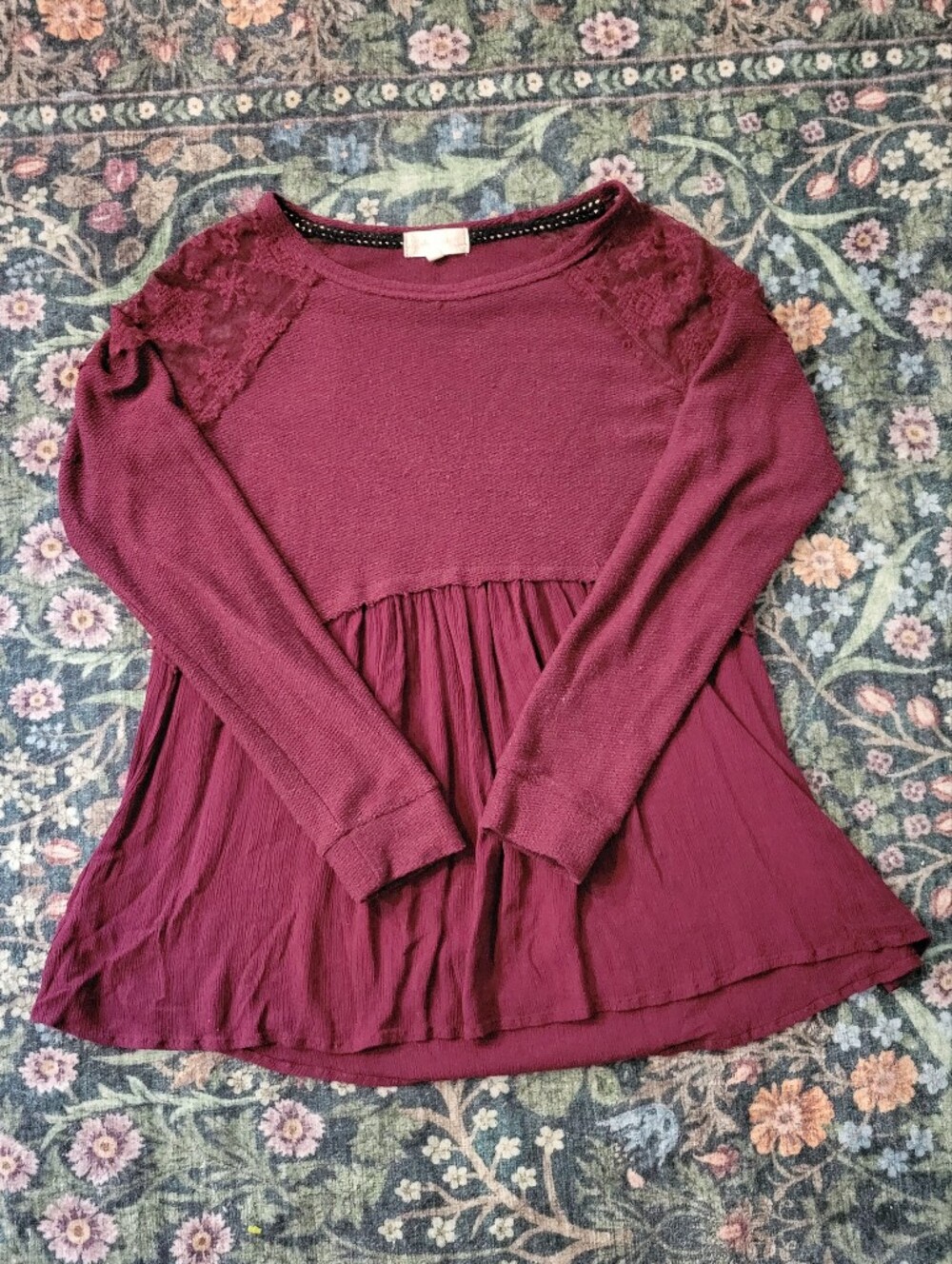 Long Sleeve Lace Yoke Maroon Babydoll Top